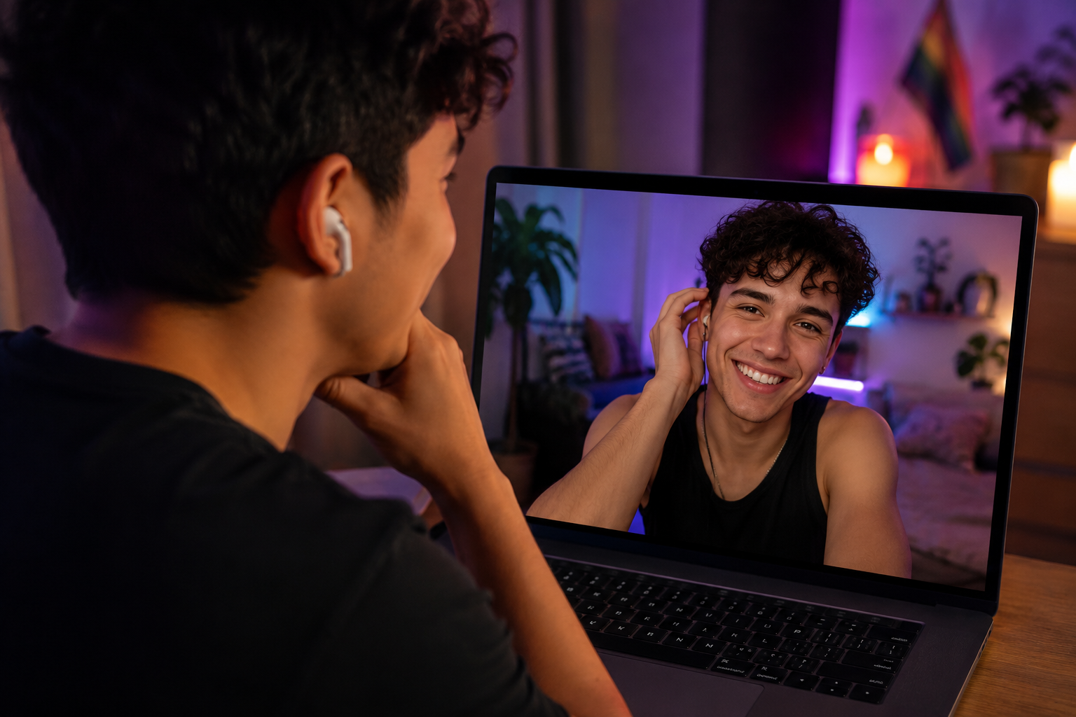 Someone smiling on a video call with a date, pride flag visible in the background